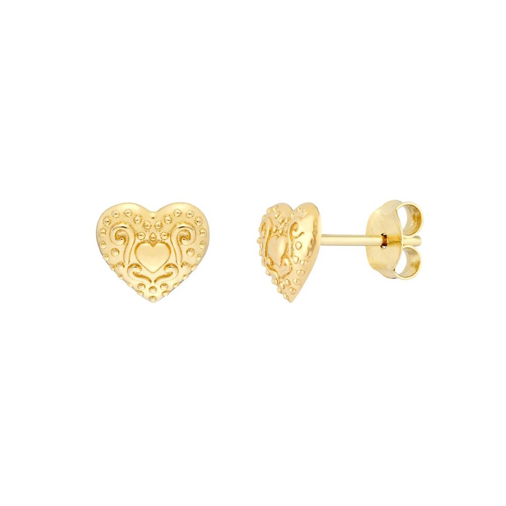 14k Solid Yellow Gold Small Heart Pattern Stud Ea… - image 1